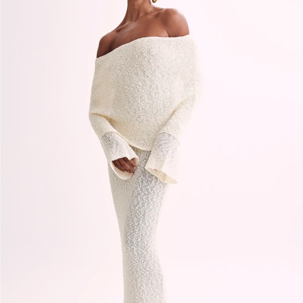Meshki Marisol Off Shoulder Boucle Maxi Dress